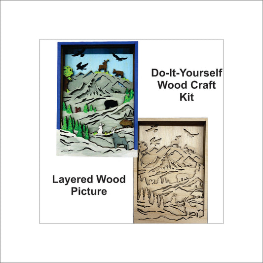 Mountain Animals Scene Layered Picture Design Unfinished Wood DIY Kit AN110