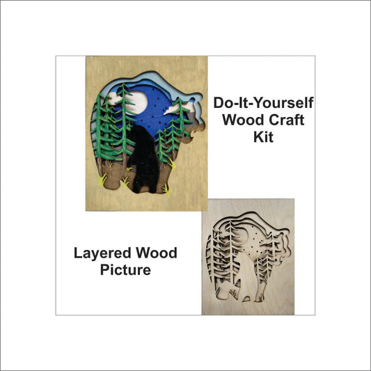 Bear & Forest Scene Layered Picture Design Unfinished Wood DIY Kit AN104