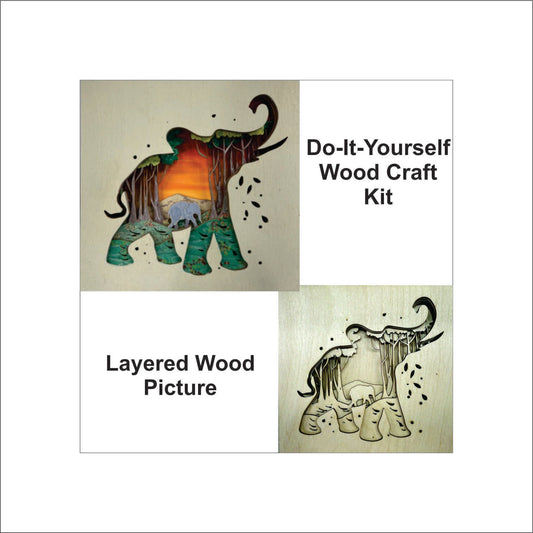 Elephant Walking Scene Layered Picture Design Unfinished Wood DIY Kit AN110