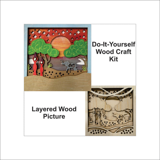 Elephant Scene Layered Picture Design Unfinished Wood DIY Kit AN113