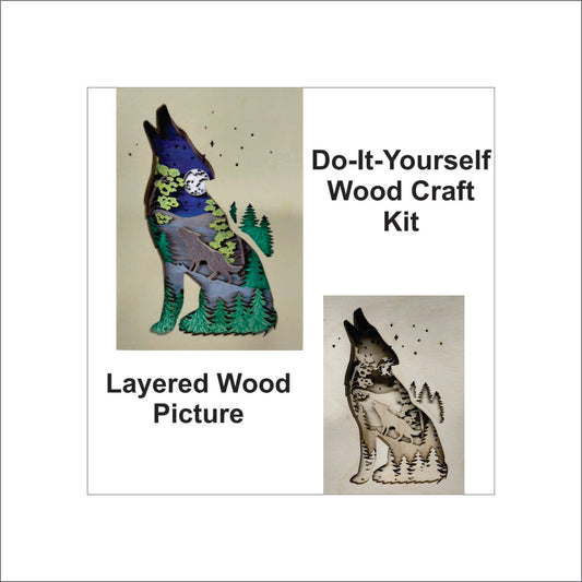 Howling Wolf Scene Layered Picture Design Unfinished Wood DIY Kit AN18