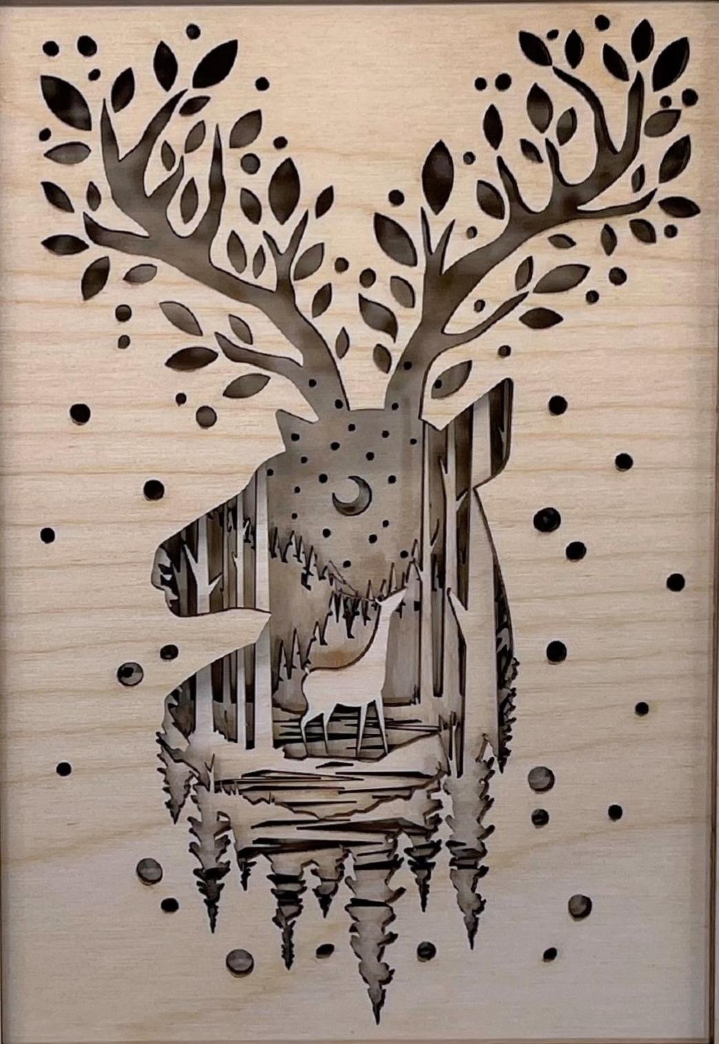 River & Deer Forest Scene Layered Picture Design Unfinished Wood DIY Kit AN124