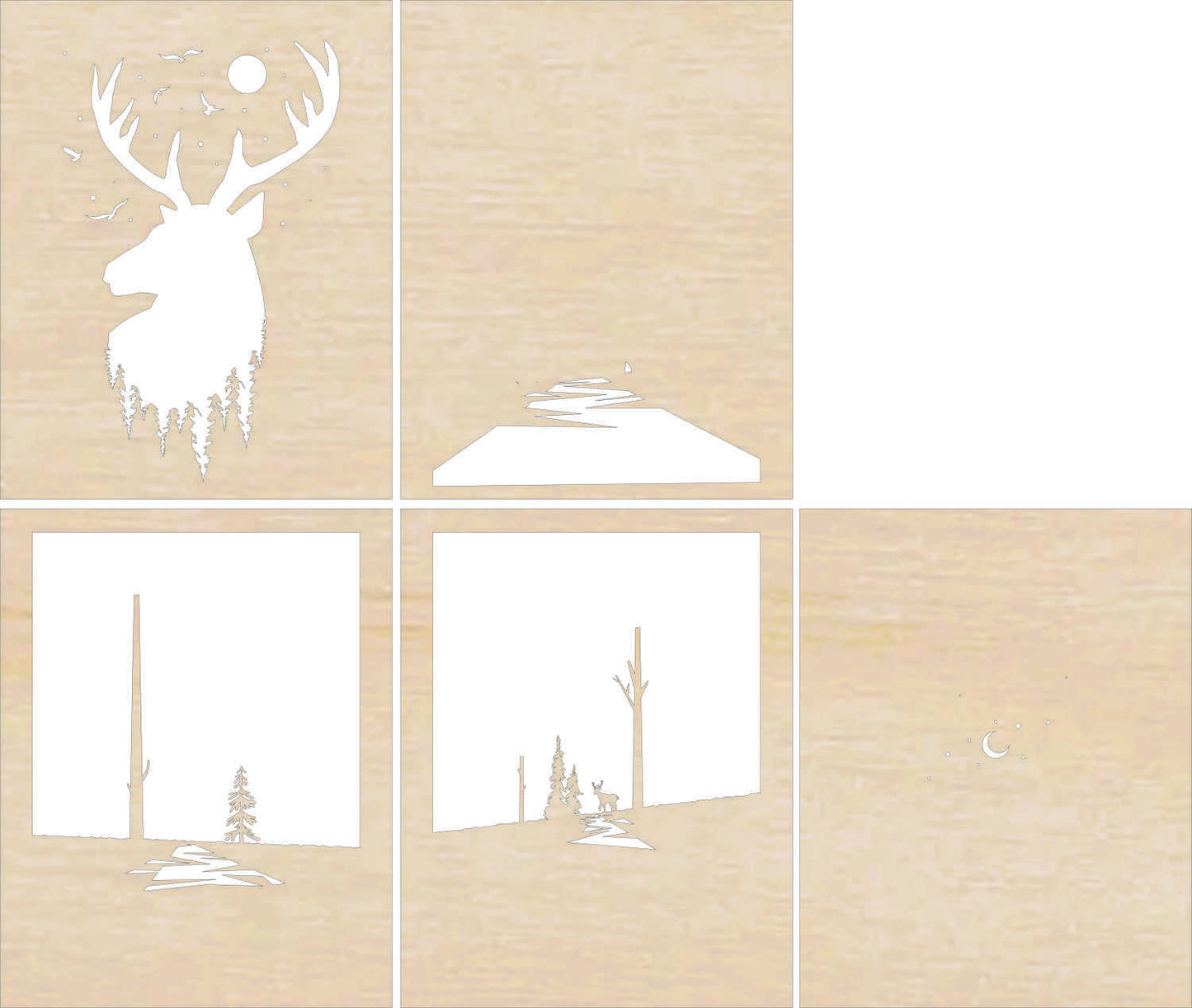 River & Deer Forest Scene Layered Picture Design Unfinished Wood DIY Kit AN124