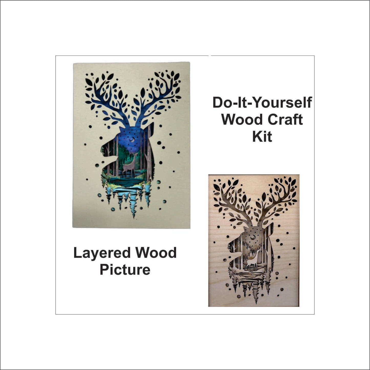 River & Deer Forest Scene Layered Picture Design Unfinished Wood DIY Kit AN124