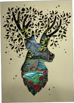 Deer & Roses Scene Layered Picture Design Unfinished Wood DIY Kit AN125