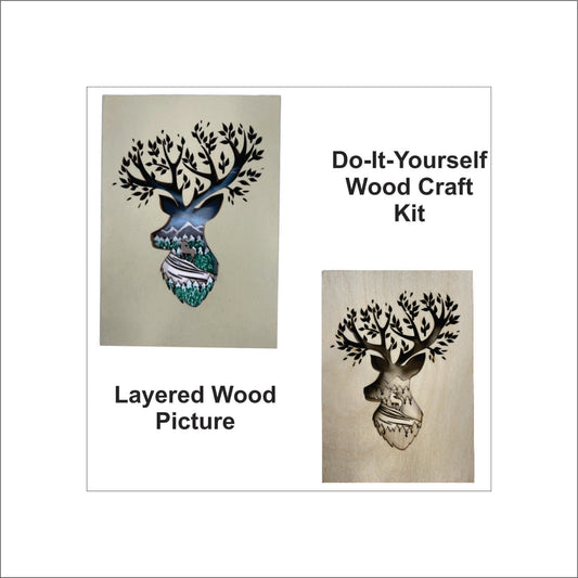 Deer & Mountain Scene Layered Picture Design Unfinished Wood DIY Kit AN126