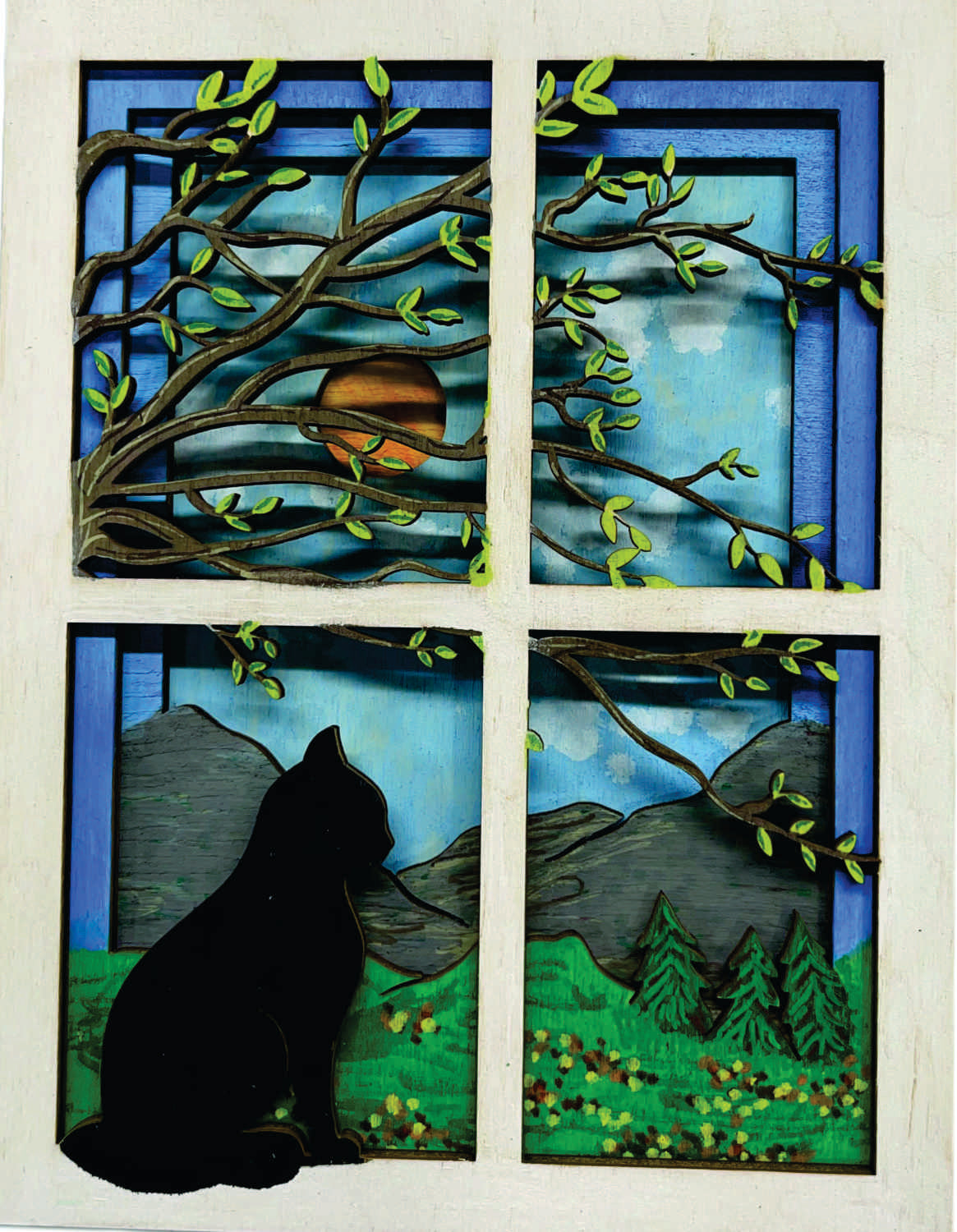 Cat Sitting in a Window Layered Picture Design Unfinished Wood DIY Kit AN131