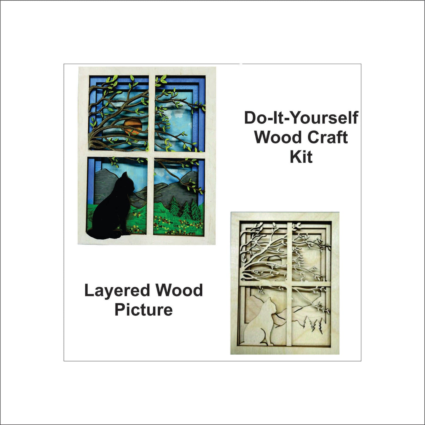 Cat Sitting in a Window Layered Picture Design Unfinished Wood DIY Kit AN131