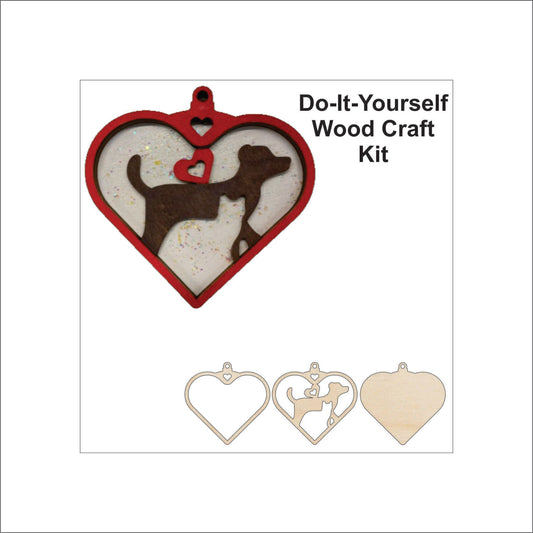 Cat & Dog in Heart Ornament Door Sign Unfinished Wood DIY Kit AN18