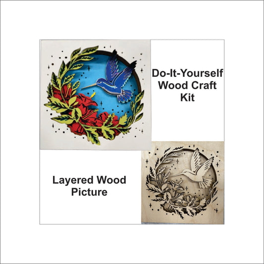 Hummingbird & Flowers Scene Layered Picture Design Unfinished Wood DIY Kit BD103