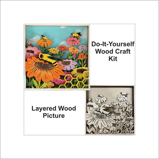 Bumble Bee Garden Scene Layered Picture Design Unfinished Wood DIY Kit BG101