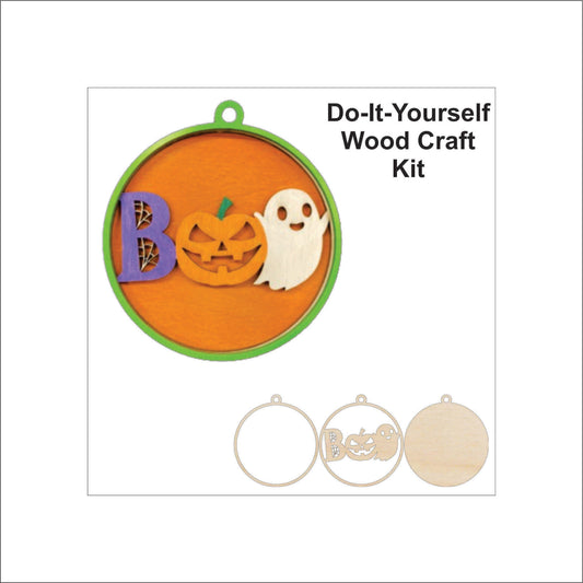 Boo Ghosts & Pumpkin Ornament Door Sign Unfinished Wood DIY Kit HA23