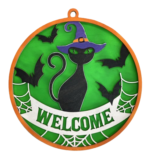 Black Cat Welcome Halloween Door Sign Unfinished Wood DIY Kit HA48