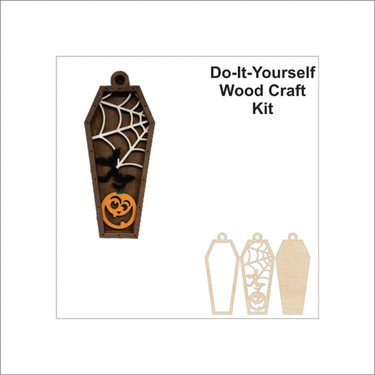 Coffin Spider Web & Pumpkin Ornament Door Sign Unfinished Wood DIY Kit HA7