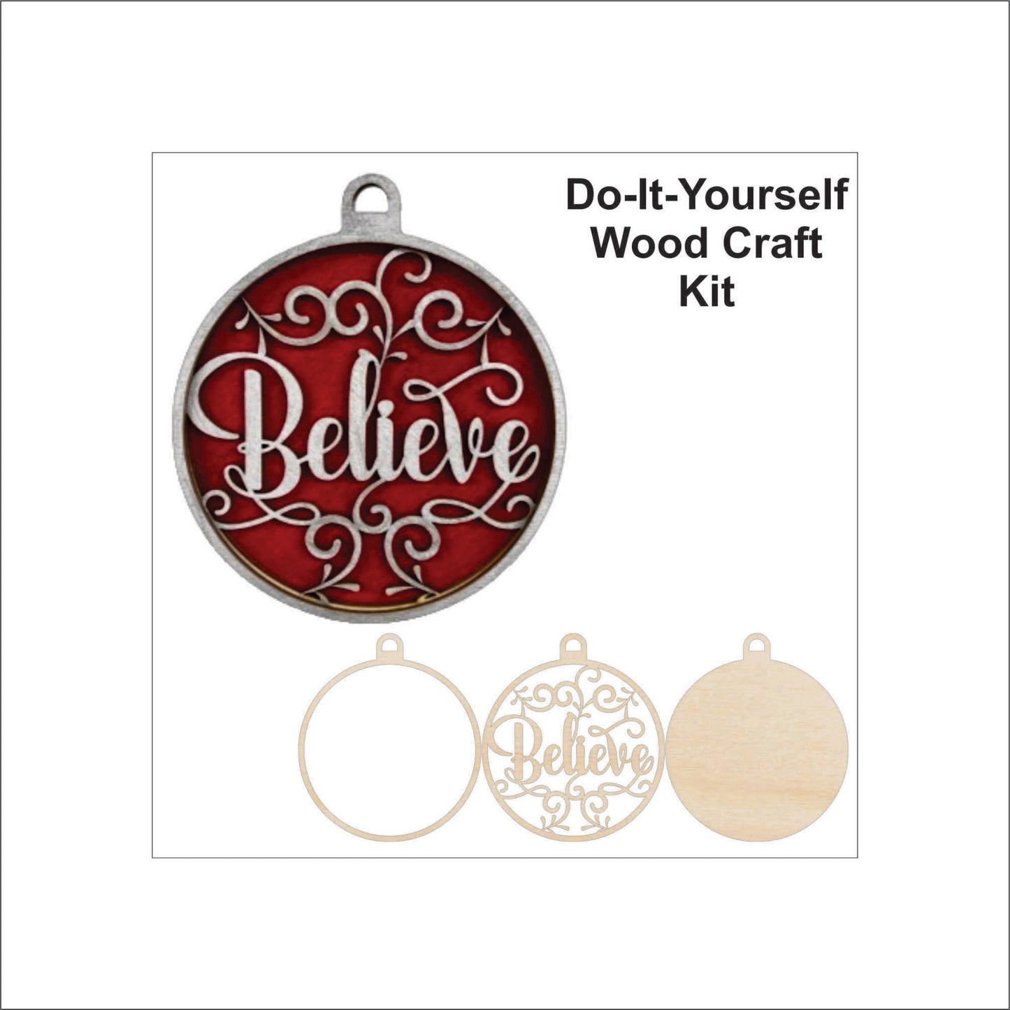 Believe Christmas Ornament Door Sign Unfinished Wood DIY Kit RE17