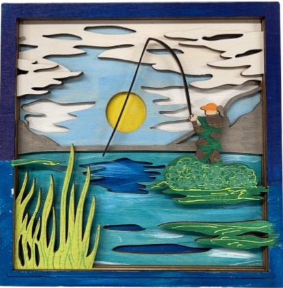 Fisherman Fishing Scene Layered Picture Design Unfinished Wood DIY Kit SP100