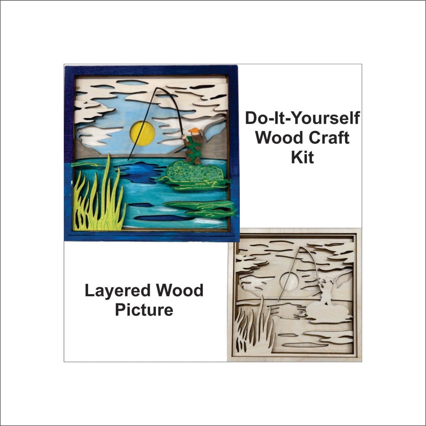 Fisherman Fishing Scene Layered Picture Design Unfinished Wood DIY Kit SP100